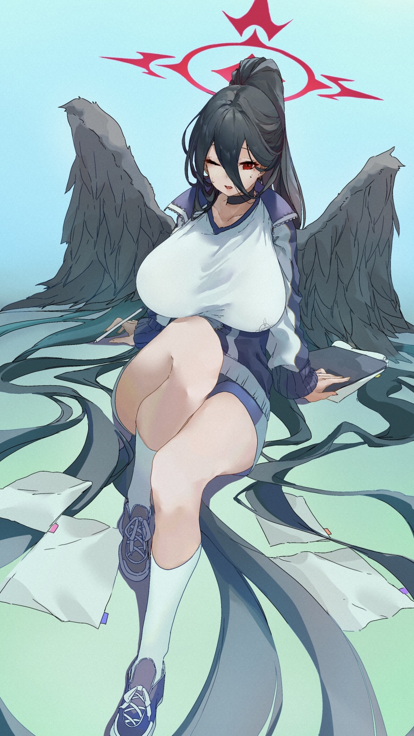 1girl, absurdres, anmochi_mochi, bird_wings, black_shoes, black_wings, blue_archive, blue_sky