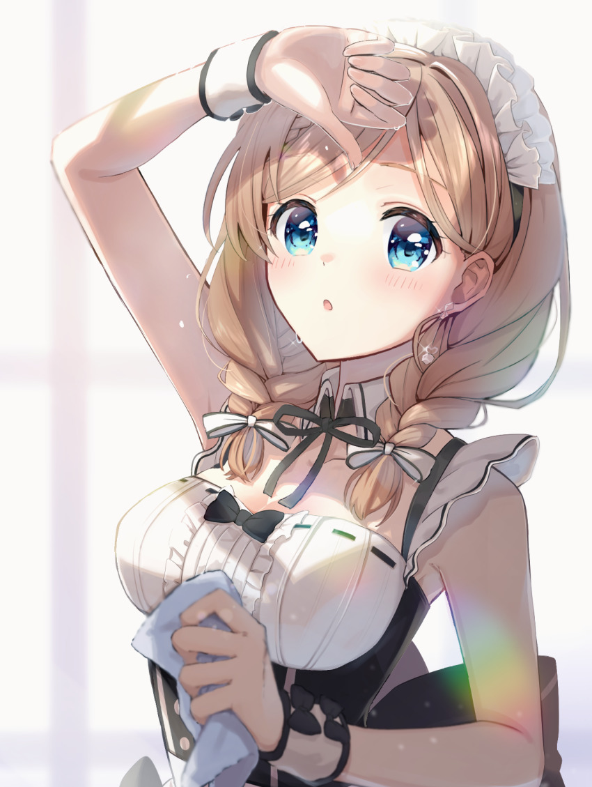 1girl, apron, asakura_yui_(vtuber), black_bow, blue_eyes, blush, bow, braid, highres, indie_virtual_youtuber, kotorigi_yotsuba, light_brown_hair, maid, maid_apron, maid_headdress, virtual_youtuber