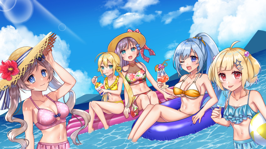 5girls, ahoge, asakura_yui_(vtuber), blonde_hair, blue_eyes, blue_hair, breasts, chidori_hina_(vtuber)