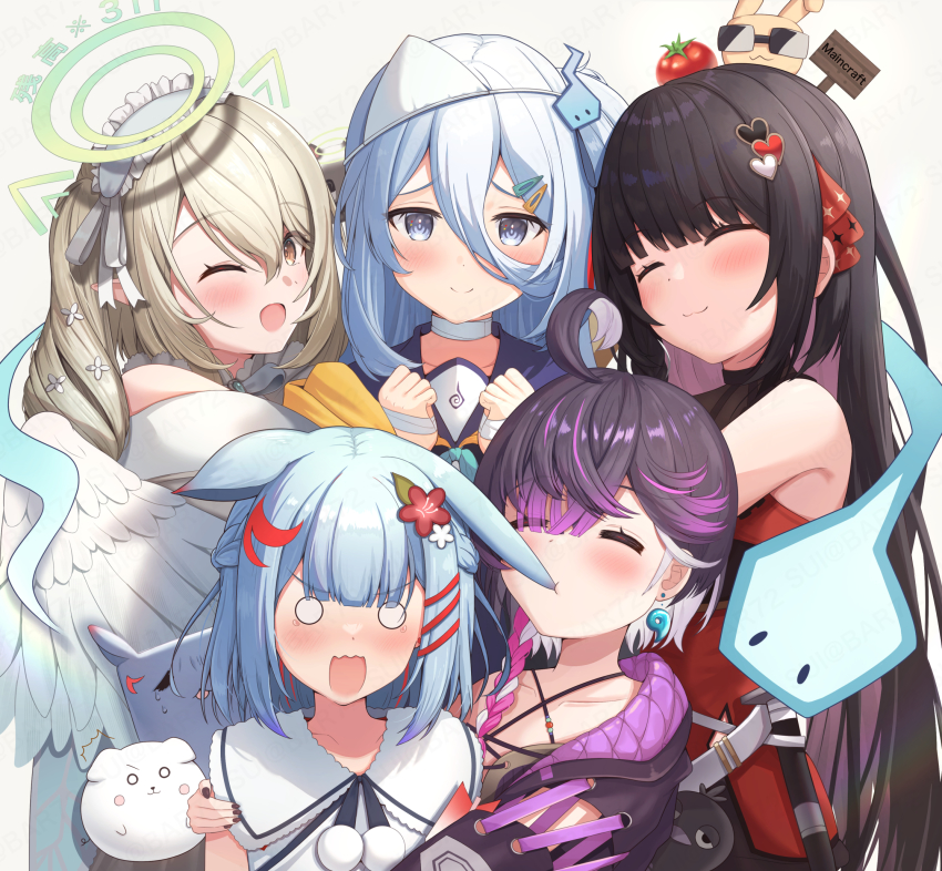 5girls, ahoge, angel_wings, animal_ears, black_hair, black_wings, blue_bow, blue_hair
