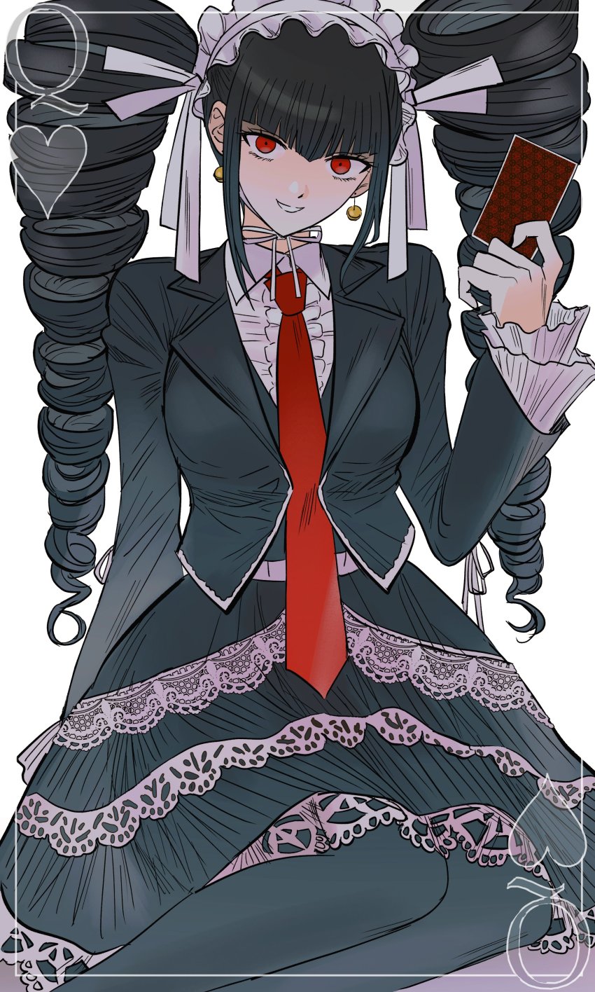 13x39, 1girl, absurdres, black_hair, bonnet, card, celestia_ludenberg, center_frills, collared_shirt, danganronpa:_trigger_happy_havoc, danganronpa_(series), drill_hair, earrings, frills, gothic_lolita, grin, hand_up, heart, highres, jacket, jewelry, lace, lace-trimmed_skirt, lace_trim, layered_skirt, lolita_fashion, long_hair, long_sleeves, looking_at_viewer, necktie, open_clothes, open_jacket, pantyhose, playing_card, red_eyes, red_necktie, shirt, simple_background, skirt, smile, solo, teeth, twin_drills, twintails, white_background