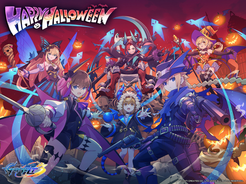 3boys, 3girls, antenna_hair, azure_striker_gunvolt, azure_striker_gunvolt_3, black_badge_(gunvolt), blonde_hair, blue_eyes