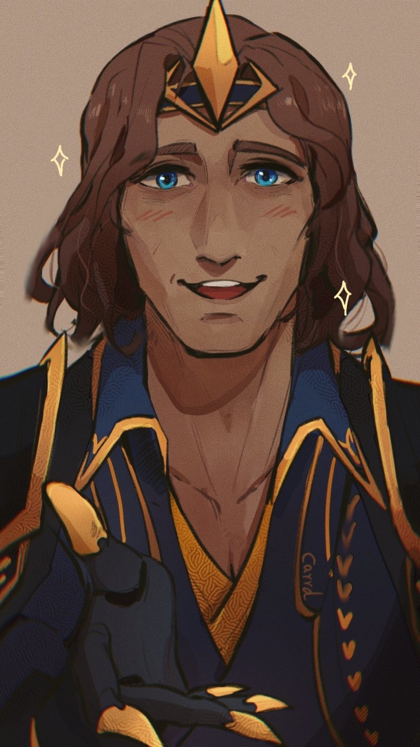 1boy, :d, artist_name, black_gloves, black_hairband, blue_eyes, blue_shirt, blush