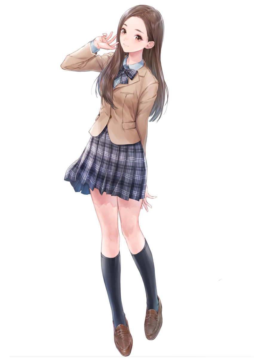 1girl, absurdres, arms_behind_back, black_socks, blue_reflection_(series), blue_reflection_sun, bow, brown_eyes