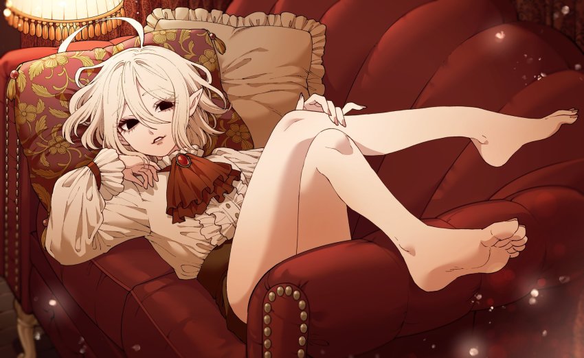 1boy, ahoge, androgynous, ascot, bare_legs, barefoot, black_eyes, black_shorts, brooch, couch, crossed_legs, cushion, eyeshadow, feet, frilled_shirt, frills, hair_between_eyes, highres, indoors, jewelry, lamp, lipstick, looking_at_viewer, lying, makeup, male_focus, nail_polish, ohayousan_084, on_back, original, pale_skin, parted_lips, pointy_ears, rose_(ohayousan_084), shirt, shorts, soles, solo, toes, trap, white_hair