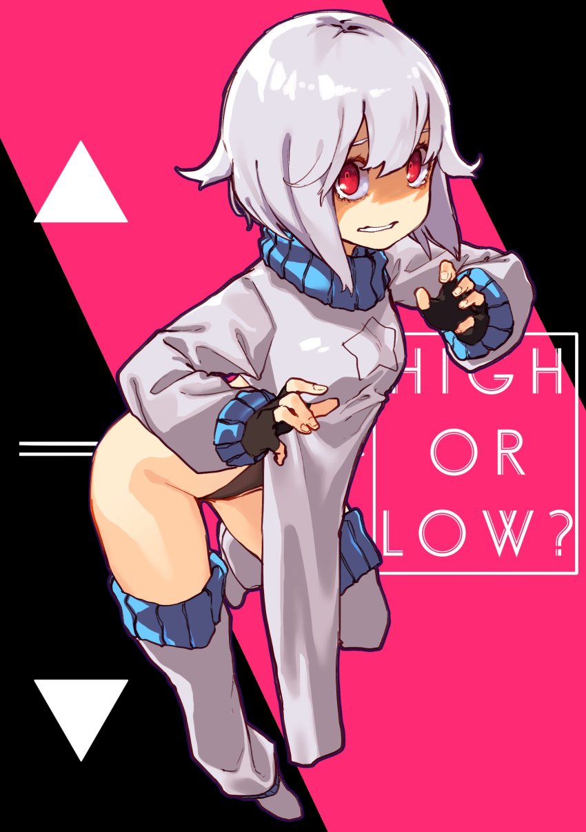 1girl, absurdres, black_background, bob_cut, clenched_teeth, detached_leggings, dress, female_focus