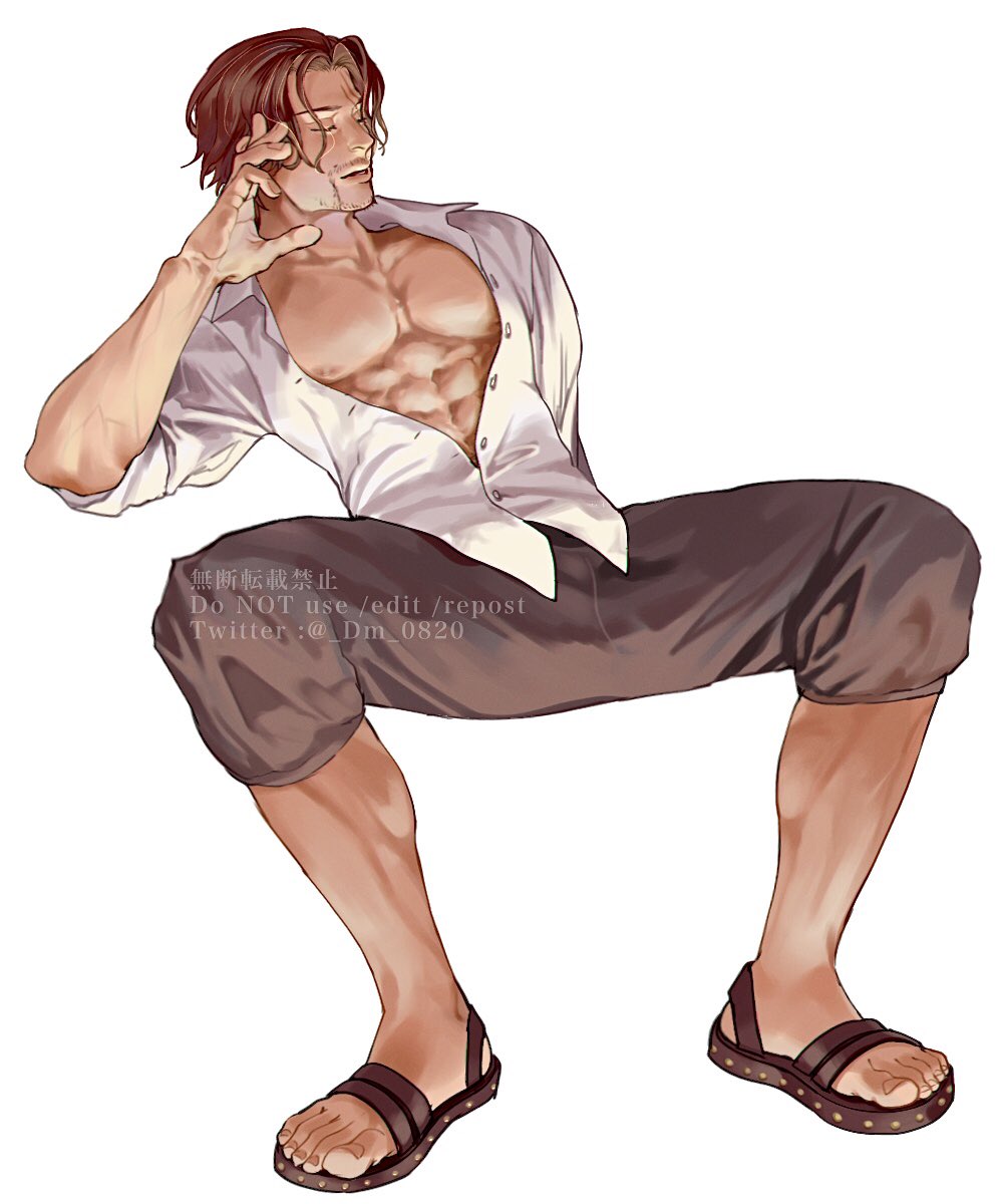 1boy, abs, beard, brown_pants, closed_eyes, dm_0820, dress_shirt, facial_hair, hand_on_own_face, highres, invisible_chair, male_focus, muscular, muscular_male, one_piece, pants, partially_unbuttoned, pectoral_cleavage, pectorals, red_hair, sandals, scar, scar_across_eye, scar_on_face, shanks_(one_piece), shirt, short_hair, sitting, white_background, white_shirt