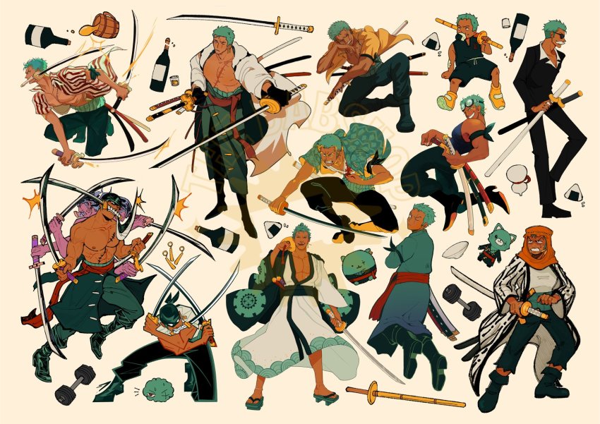 1boy, abs, age_progression, alternate_skin_color, animalization, arabian_clothes, artist_collaboration, artist_request, ashura_(one_piece), bandana, bare_pectorals, birthday, black_suit, black_tank_top, bottle, child, clothes_around_waist, collage, cup, dark-skinned_male, dark_skin, dual_wielding, dumbbell, extra_arms, fake_facial_hair, fake_mustache, fighting_stance, formal_clothes, goggles, goggles_on_head, green_hair, grin, haori, highres, holding, holding_sword, holding_weapon, japanese_clothes, kimono, large_pectorals, male_focus, marimo, mouth_hold, multiple_heads, muscular, muscular_male, official_alternate_costume, one_piece, pectorals, roronoa_zoro, sakazuki, scar, scar_across_eye, scar_on_face, shirt, short_hair, smile, striped_clothes, striped_shirt, suit, sunglasses, sword, tank_top, topless_male, triple_wielding, weapon, white_kimono, wine_bottle