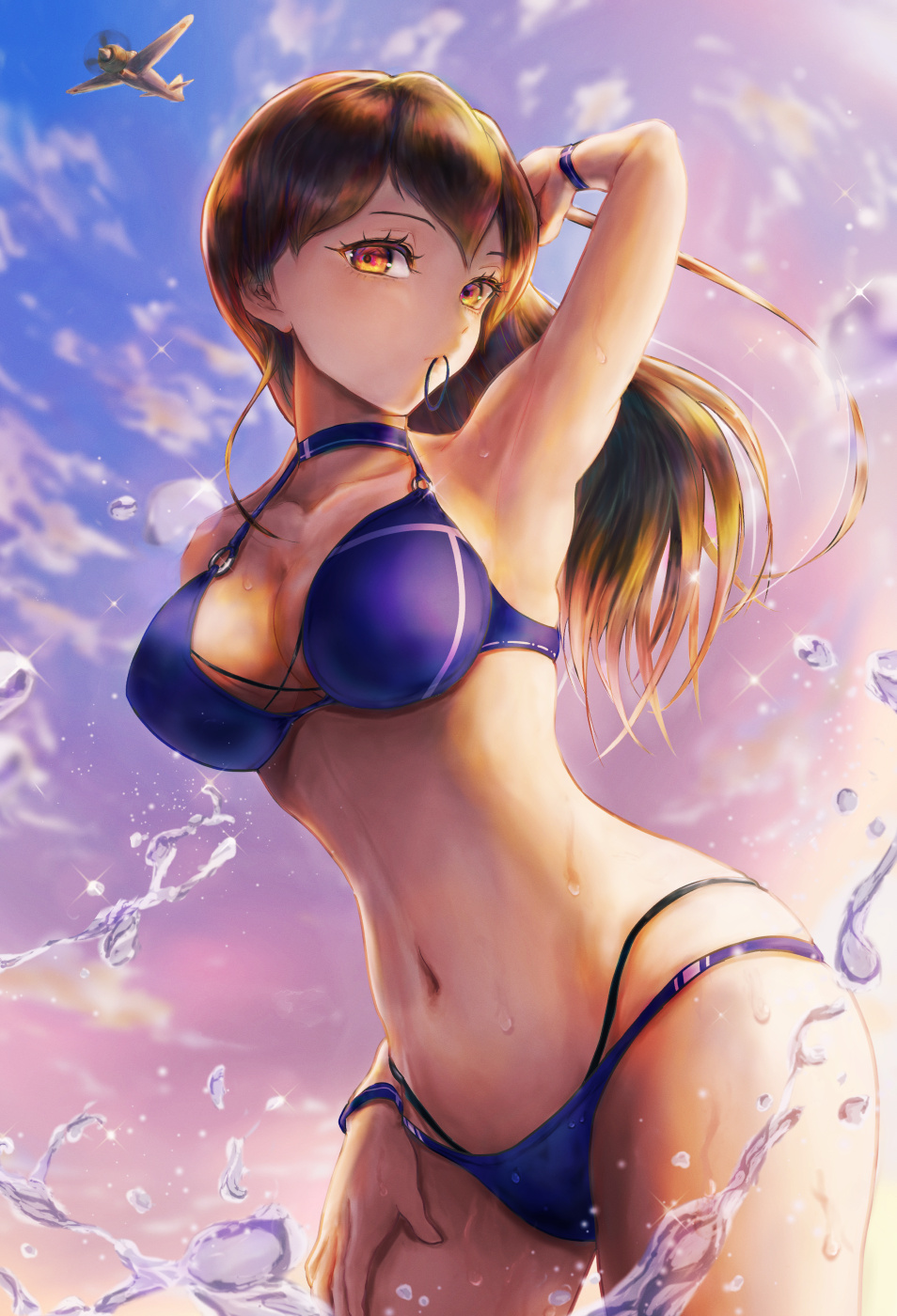 1girl, aircraft, alternate_costume, alternate_hairstyle, arm_up, armpits, bikini, blue_bikini, blue_choker, blue_sky, breasts, brown_eyes, brown_hair, choker, cleavage, cloud, collarbone, commentary_request, cowboy_shot, from_below, hair_down, hair_tie_in_mouth, hand_on_own_thigh, highres, isasin929, kaga_(kancolle), kantai_collection, large_breasts, long_hair, looking_at_viewer, mouth_hold, navel, o-ring, o-ring_bikini, sky, solo, splashing, swimsuit, water, wet