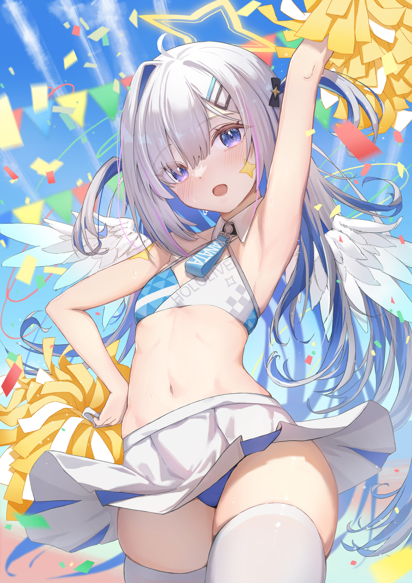 1girl, absurdres, amane_kanata, angel_wings, arm_up, armpits, bare_arms, bare_shoulders, blue_archive, blue_hair, blue_panties, blue_sky, blush, breasts, cheerleader, confetti, cosplay, cowboy_shot, crop_top, facial_mark, hair_ornament, hairclip, halo, halterneck, hand_on_own_hip, highres, holding, holding_pom_poms, hololive, juu_p, long_hair, looking_at_viewer, millennium_cheerleader_outfit_(blue_archive), miniskirt, multicolored_hair, name_tag, navel, open_mouth, panties, pink_hair, pleated_skirt, pom_pom_(cheerleading), pom_poms, purple_eyes, skirt, sky, small_breasts, star_(symbol), star_facial_mark, star_halo, stomach, streaked_hair, sweat, thighhighs, thighs, two_side_up, underwear, virtual_youtuber, white_hair, white_skirt, white_thighhighs, white_wings, wings