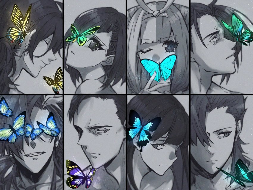 3girls, 5boys, aqua_butterfly, bare_shoulders, blue_butterfly, blunt_bangs, bug, butterfly