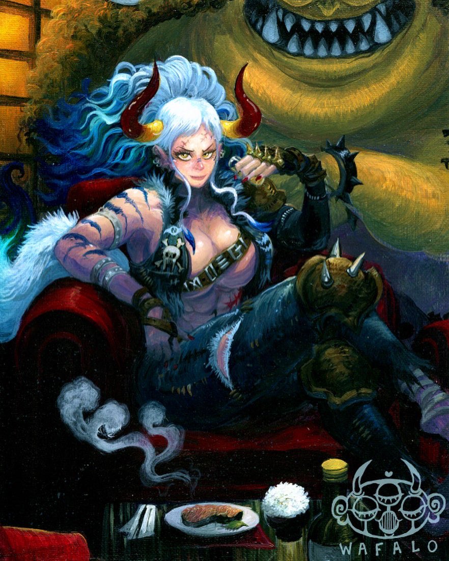 1girl, abs, alternate_costume, arm_rest, arm_tattoo, armchair, armlet, artist_logo, artist_name, bare_shoulders, behind_another, belt_bra, big_hair, black_vest, blue_hair, bottle, bowl, breasts, chair, closed_mouth, collarbone, cosplay, crossed_legs, cup, curled_horns, digimon, drink, drinking_glass, earrings, facial_mark, fingerless_gloves, fingernails, food, gloves, hand_up, height_difference, holding, holding_cup, horns, huge_breasts, jewelry, knee_pads, lips, logo, looking_at_viewer, multicolored_hair, multicolored_horns, multiple_earrings, nail_polish, navel, one_piece, oni, open_clothes, open_vest, pants, plate, red_horns, red_nails, rice, rice_bowl, scar, scar_on_face, sharp_teeth, sitting, skull_and_crossbones, smile, solo_focus, spiked_kneepads, spikes, steam, stomach, table, tattoo, teeth, toned, torn_clothes, torn_pants, traditional_media, vest, wafalo, weregarurumon, weregarurumon_(cosplay), white_hair, yamato_(one_piece), yellow_eyes, yellow_horns