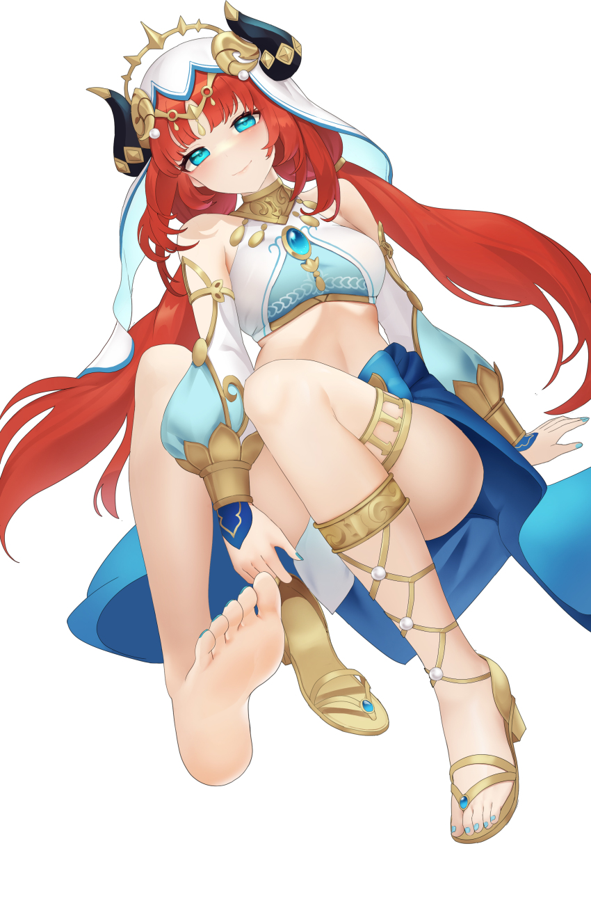 1girl, absurdres, aqua_eyes, bare_legs, bare_shoulders, barefoot, blue_nails, blue_skirt