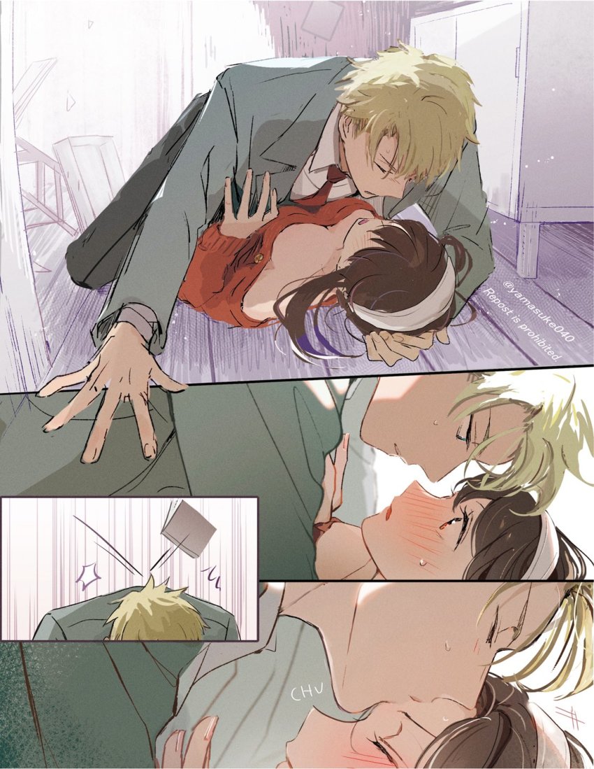 1boy, 1girl, black_hair, blonde_hair, blue_eyes, blush, book, boy_on_top