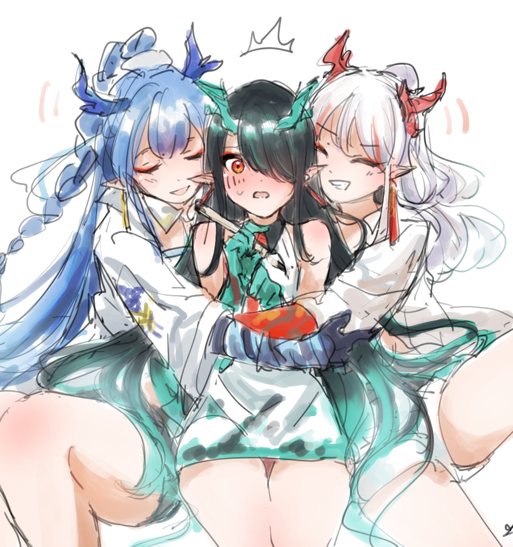 3girls, aqua_hair, aqua_horns, aqua_skin, arknights, black_hair, black_shorts, blue_hair