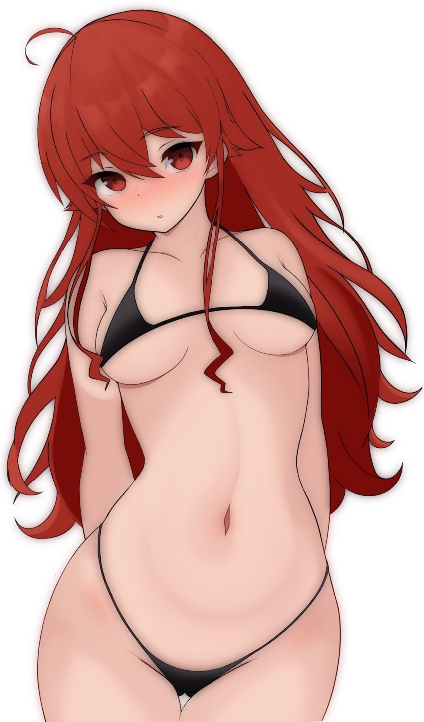 1girl, ahoge, bad_id, bad_twitter_id, bare_shoulders, bikini, black_bikini, blush, breasts, collarbone, cowboy_shot, crossed_bangs, eris_greyrat, female_focus, gluteal_fold, hair_between_eyes, highleg, highleg_bikini, highres, long_hair, matching_hair/eyes, medium_breasts, mushoku_tensei, navel, parted_lips, puchimosu_(mosu1427), red_eyes, red_hair, solo, stomach, string_bikini, swimsuit, thick_eyebrows, underboob, white_background