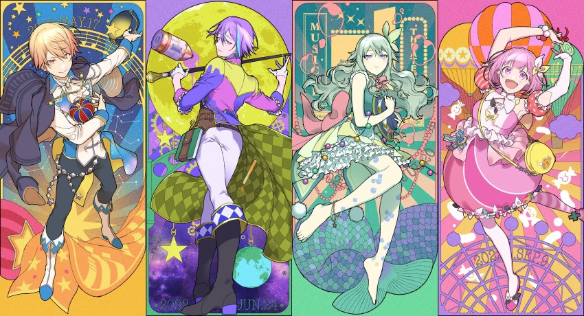 2boys, 2girls, absurdres, arms_up, bare_legs, birthday, black_footwear, black_pants