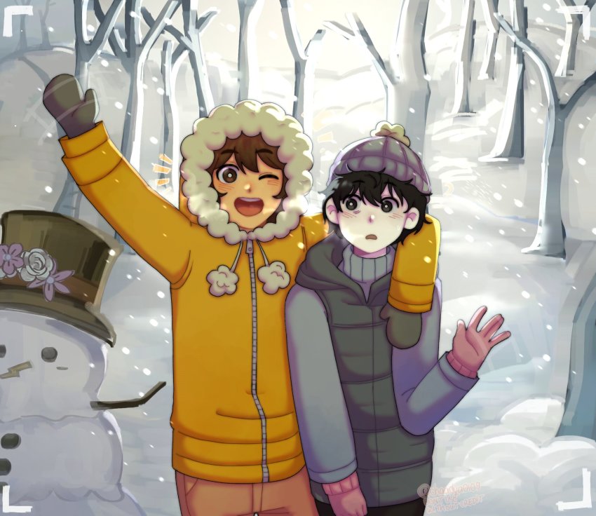 2boys, black_eyes, black_hair, blush, bright_pupils, brown_eyes, brown_hair, chaadya0109