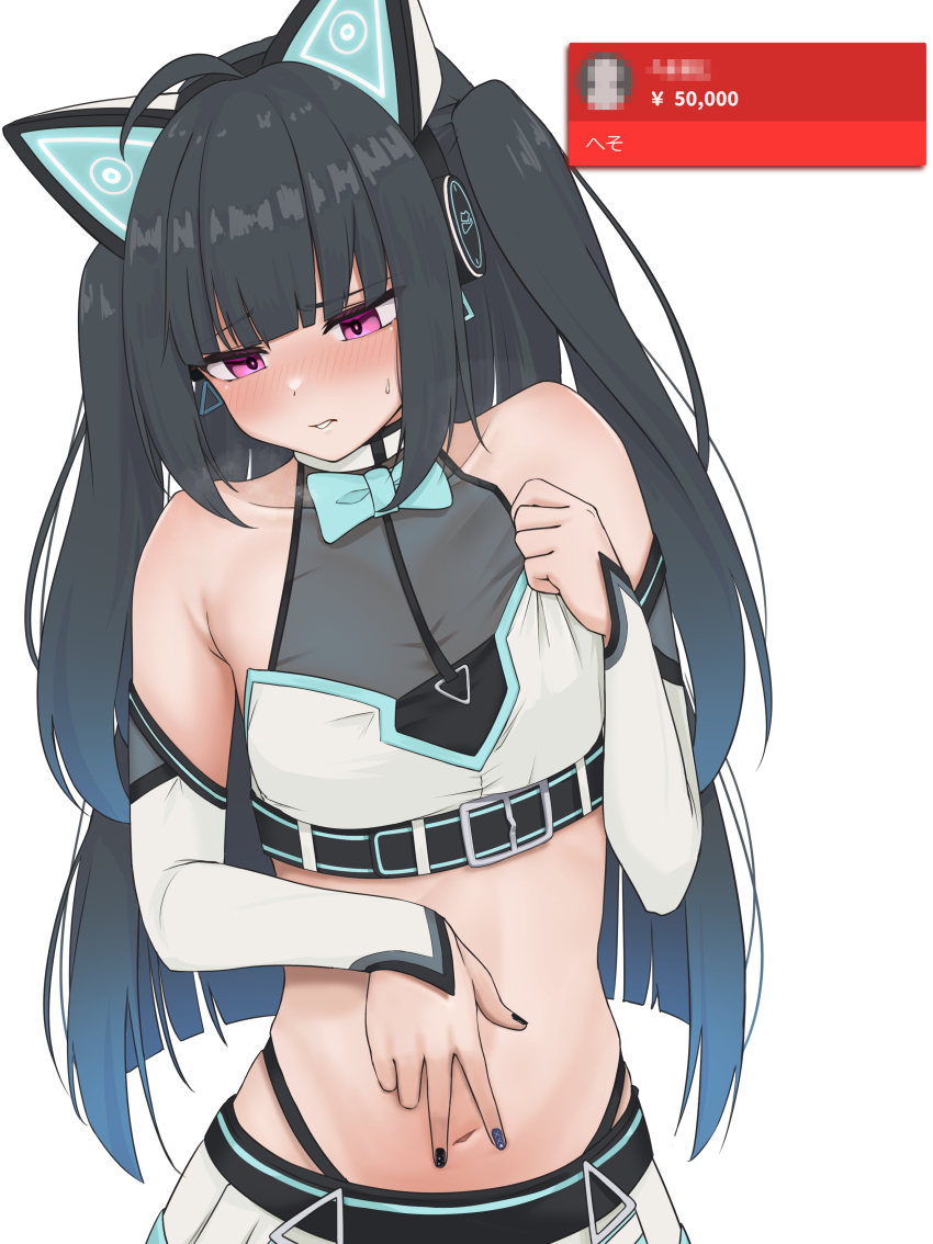 1girl, absurdres, ahoge, bare_shoulders, black_hair, black_panties, blunt_bangs, blush, crop_top, fuyuiro_(natsuiro_matsuri), gradient_hair, green_necktie, headphones, highres, hololive, long_hair, looking_down, micon, midriff, multicolored_hair, nail_polish, necktie, panties, parted_lips, purple_eyes, solo, spread_navel, standing, super_chat, two_side_up, underwear, very_long_hair, virtual_youtuber