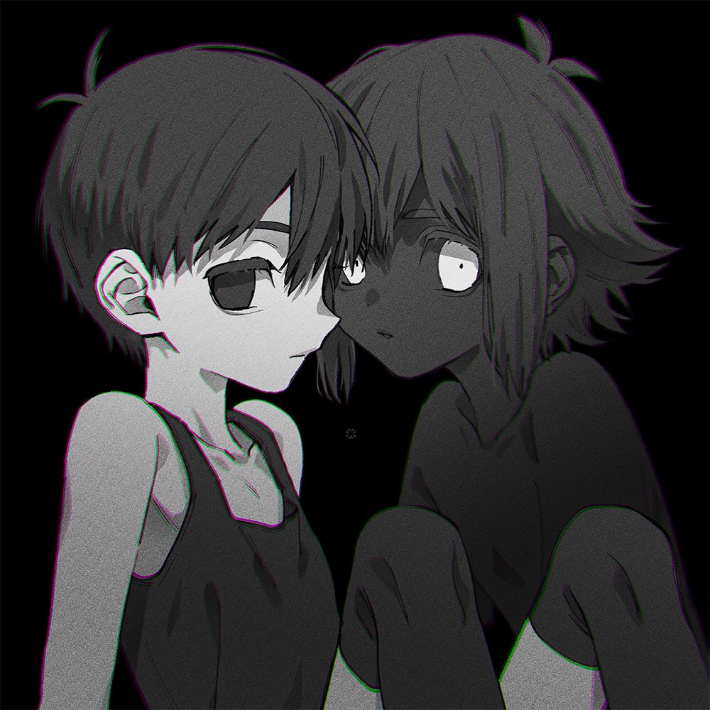 2boys, bare_shoulders, basil_(omori), black_background, black_eyes, black_hair, black_skin, black_tank_top
