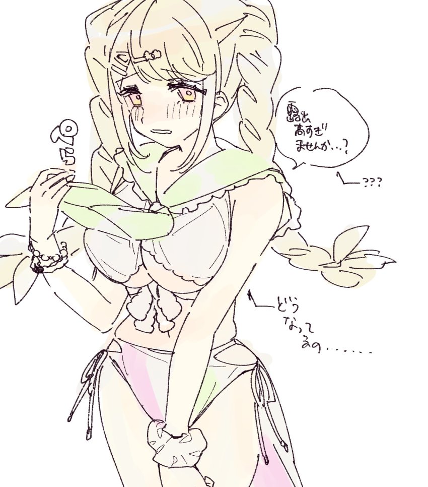 1girl, bikini, blonde_hair, blush, bracelet, braid, breasts, denonbu