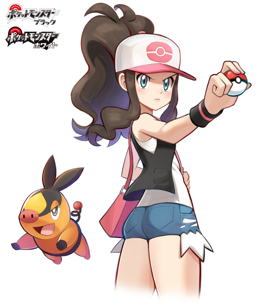1girl, bag, baseball_cap, black_vest, blue_eyes, blush, brown_hair, commentary_request, copyright_name, denim, denim_shorts, frown, gen_5_pokemon, hat, high_ponytail, highres, hilda_(pokemon), holding, holding_poke_ball, holding_strap, long_hair, mr.thunderigor, nintendo, outstretched_arm, poke_ball, poke_ball_(basic), pokemon, pokemon_(creature), pokemon_black_and_white, ponytail, shirt, short_shorts, shorts, shoulder_bag, sidelocks, simple_background, sleeveless, sleeveless_shirt, tepig, vest, wedgie, white_background, white_shirt, wristband