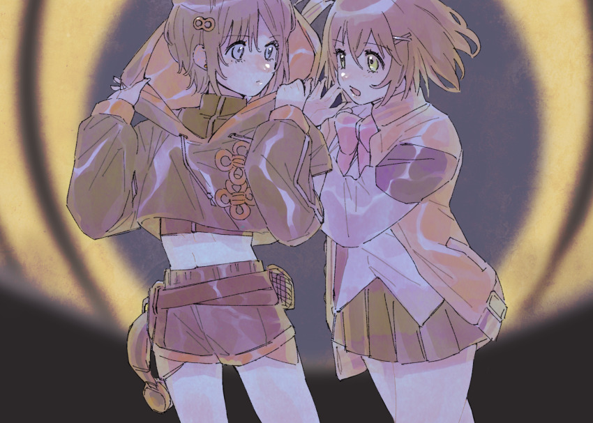 2girls, animal_ears, blue_eyes, blush, brown_hair, denonbu, green_eyes, hair_ornament