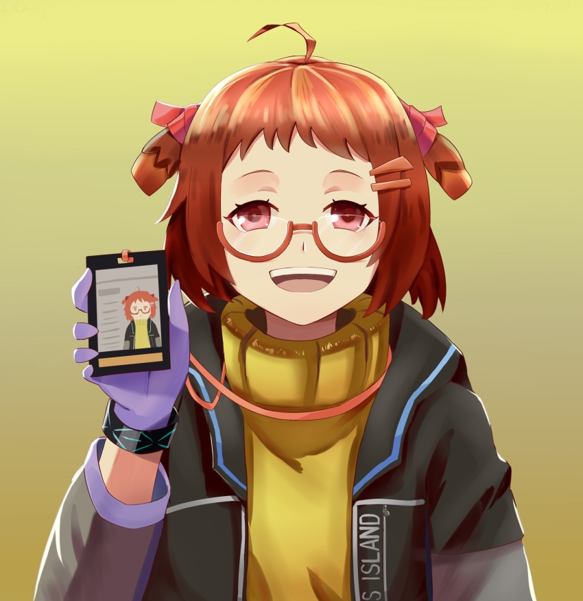 1girl, ahoge, arknights, beagle_(arknights), black_jacket, black_skirt, blue_gloves, brown_sweater