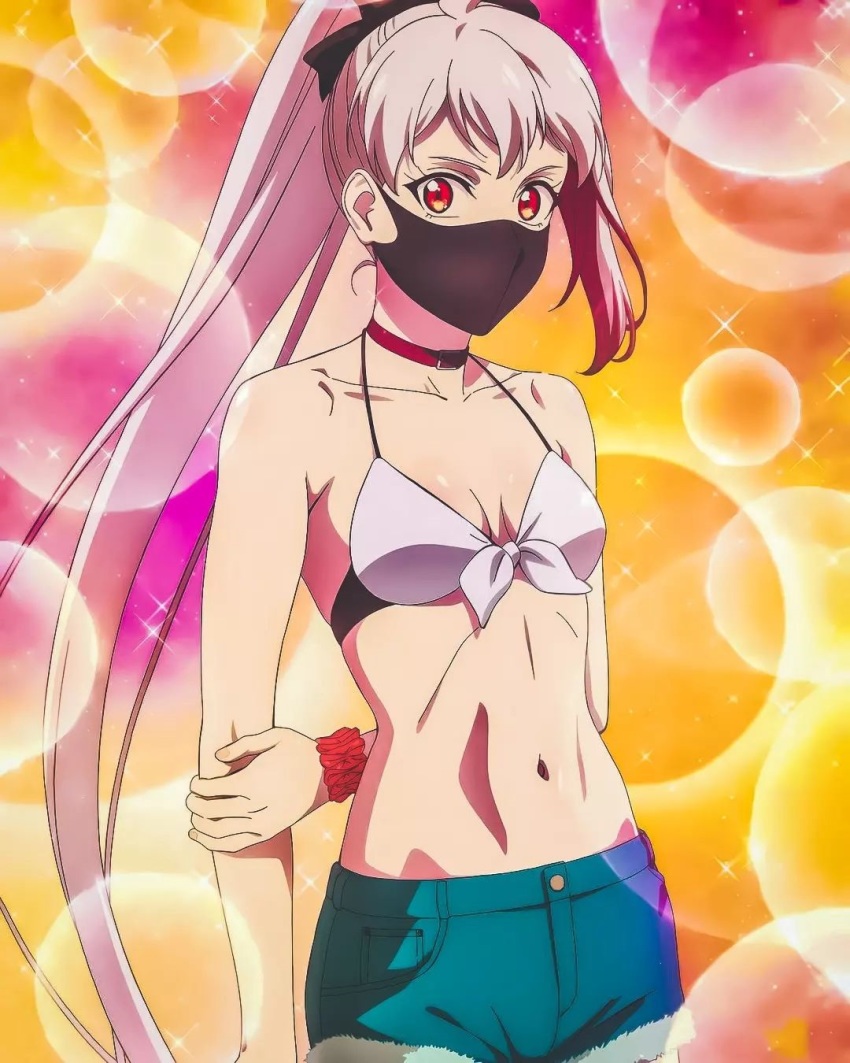 bikini, bikini_top_only, denim, denim_shorts, highres, kosetsu_(shinobi_no_ittoki), navel, ponytail, red_eyes, shinobi_no_ittoki, shorts, swimsuit