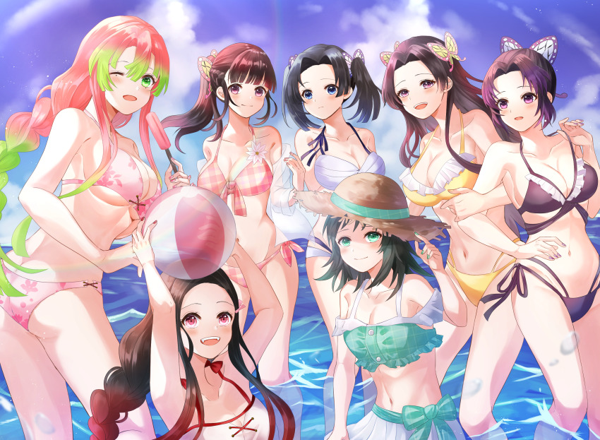 0mp04743726342u, 6+girls, ;d, armpits, arms_up, ass, ball, bare_arms, bare_shoulders, beachball, bikini, black_bikini, black_hair, black_ribbon, blue_eyes, blue_sky, bow, braid, breasts, brown_headwear, butt_crack, butterfly_hair_ornament, cleavage, closed_mouth, cloud, collarbone, floating_hair, food, frilled_bikini, frills, front-tie_bikini_top, front-tie_top, gradient_hair, green_bikini, green_bow, green_eyes, green_hair, groin, hair_intakes, hair_ornament, halterneck, hat, highres, holding, holding_food, kamado_nezuko, kanroji_mitsuri, kanzaki_aoi_(kimetsu_no_yaiba), kimetsu_no_yaiba, kochou_kanae, kochou_shinobu, large_breasts, long_hair, makomo_(kimetsu), medium_breasts, mole, mole_under_eye, multicolored_hair, multiple_girls, nail_polish, navel, ocean, one_eye_closed, open_mouth, pink_bikini, pink_hair, plaid_bikini, plaid_clothes, pleated_skirt, popsicle, print_bikini, purple_hair, red_eyes, red_hair, red_nails, ribbon, short_hair, side-tie_bikini_bottom, side_ponytail, sideboob, single_braid, skirt, sky, small_breasts, smile, straight_hair, straw_hat, summer, sun_hat, swimsuit, tsuyuri_kanao, twin_braids, twintails, underboob, very_long_hair, white_skirt, yellow_bikini