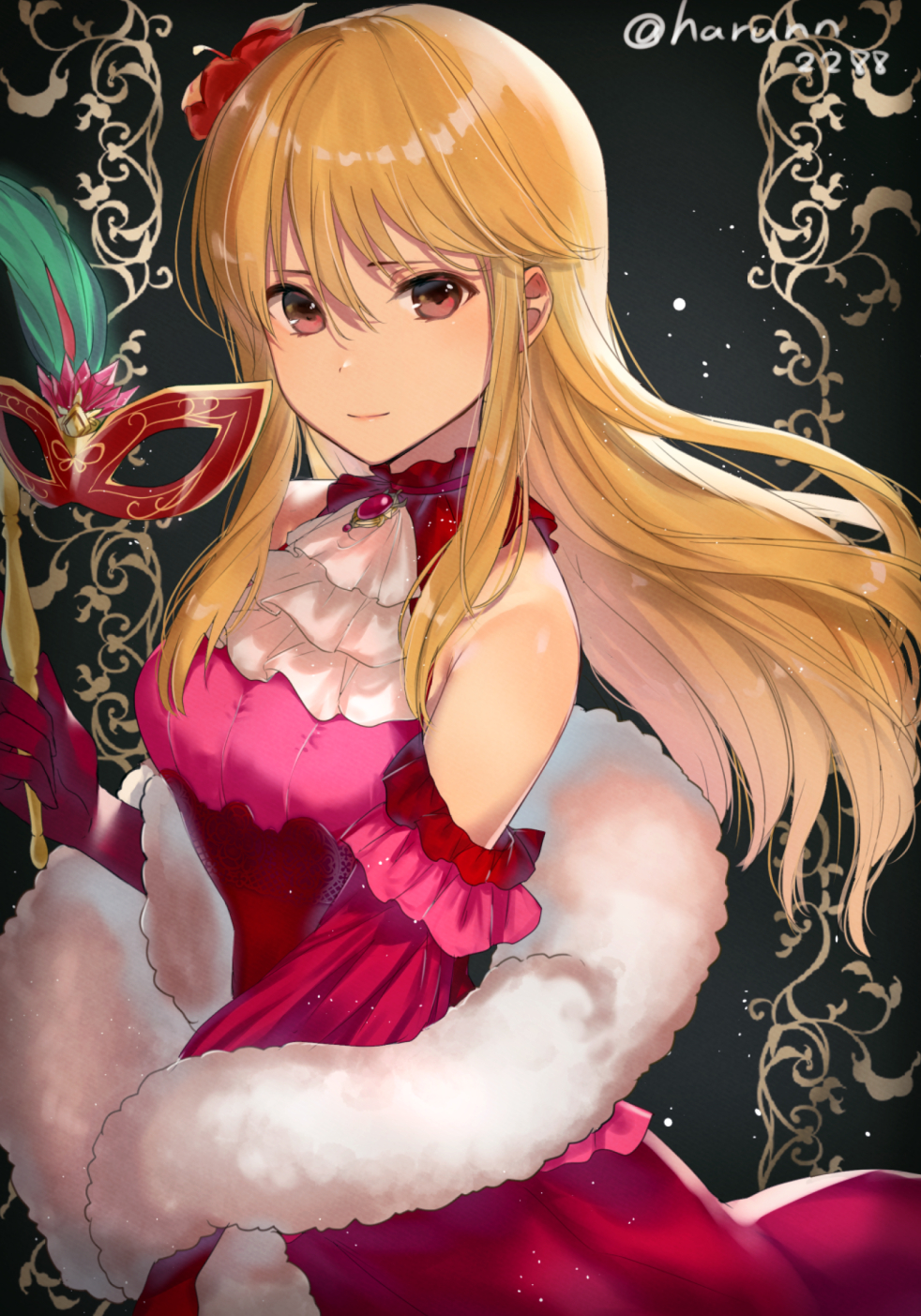 1girl, ascot, gown, ballroom_dress, ballroom_gown, blonde_hair, closed_mouth, detached_sleeves