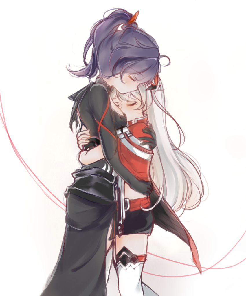 2girls, absurdres, backless_outfit, black_hair, closed_eyes, from_side, head_on_chest, height_difference, highres, honkai_(series), honkai_impact_3rd, kiana_kaslana, kiana_kaslana_(radiant_blaze), kiana_kaslana_(void_drifter), long_hair, midriff, mikori, multiple_girls, ponytail, raiden_mei, raiden_mei_(danzai_spectramancer), shorts, tears, thighhighs, white_hair, yuri