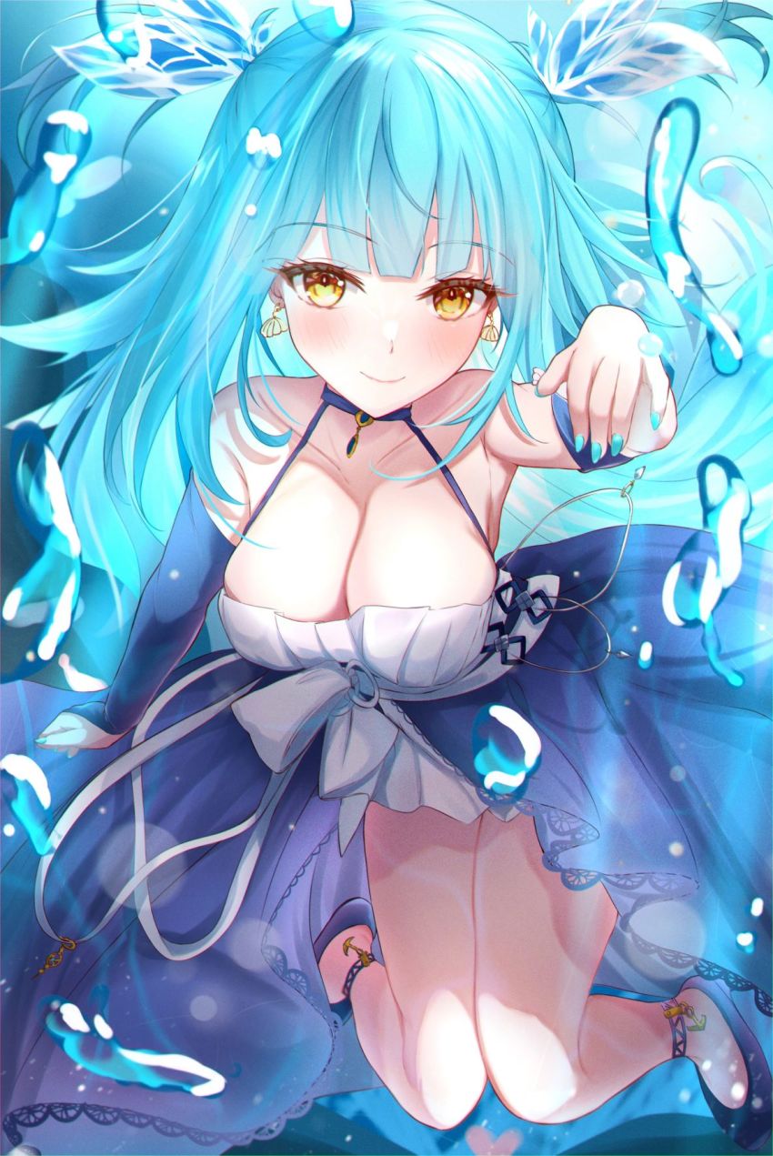 1girl, anchor_symbol, aqua_hair, azur_lane, blue_nails, breasts, bubble, collarbone