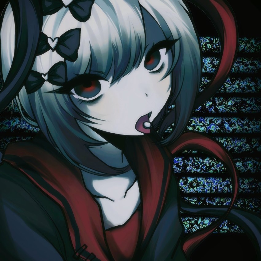 1girl, bags_under_eyes, biluohong, black_bow, black_eyes, black_shirt, bow, chinese_commentary, chouzetsusaikawa_tenshi-chan, chouzetsusaikawa_tenshi-chan_(dark_angel), commentary_request, hair_bow, highres, long_hair, multicolored_hair, multiple_hair_bows, needy_girl_overdose, pale_skin, pill, quad_tails, red_sailor_collar, sailor_collar, sailor_shirt, shirt, solo, tongue, tongue_out, white_hair