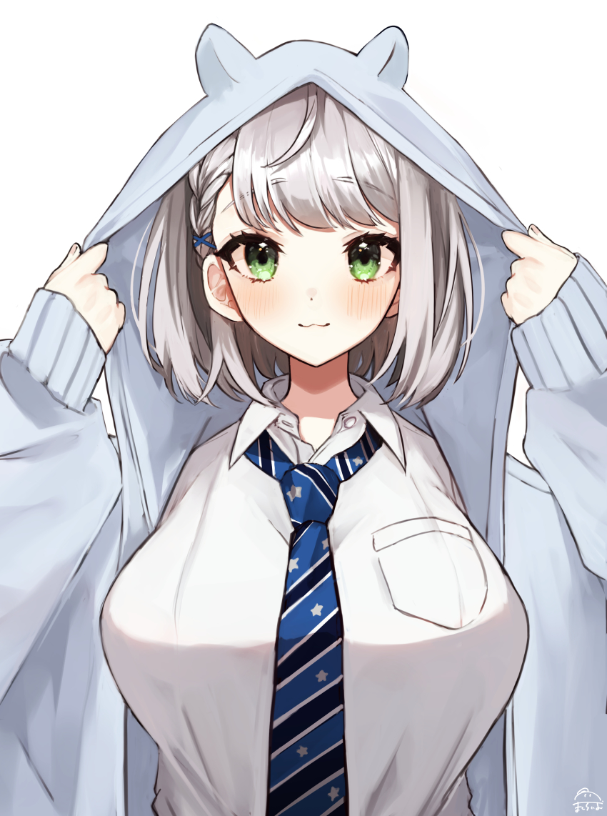 1girl, :3, absurdres, animal_hood, breast_pocket, breasts, collared_shirt, dress_shirt