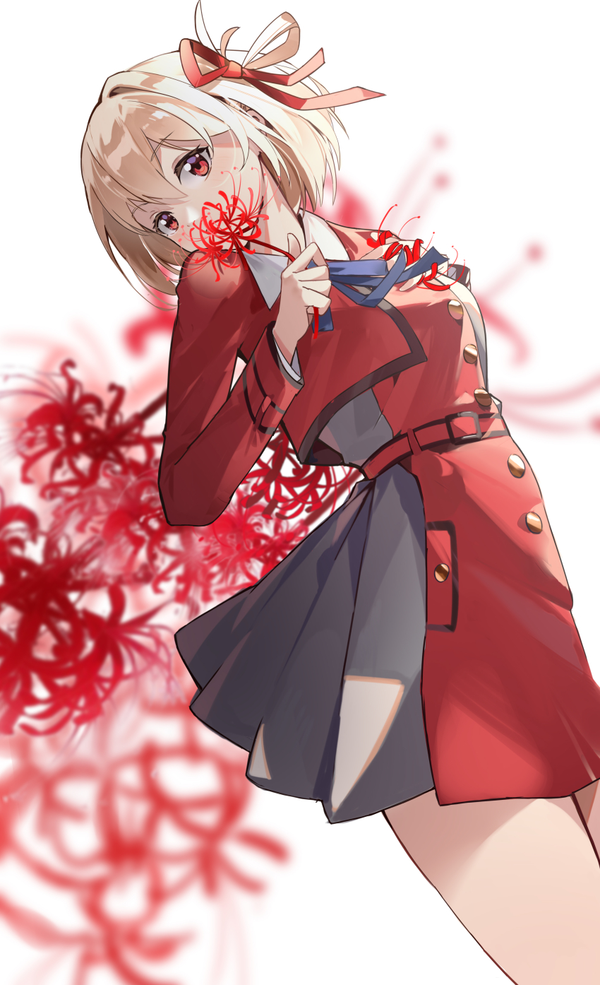 1girl, absurdres, blonde_hair, breasts, dress, flower, hair_ribbon, higanbana_(onmyoji)
