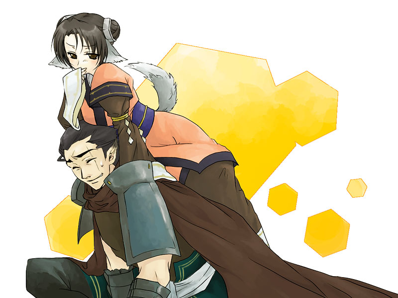 161, 1boy, 1girl, animal_ears, armor, black_hair, cape, couple