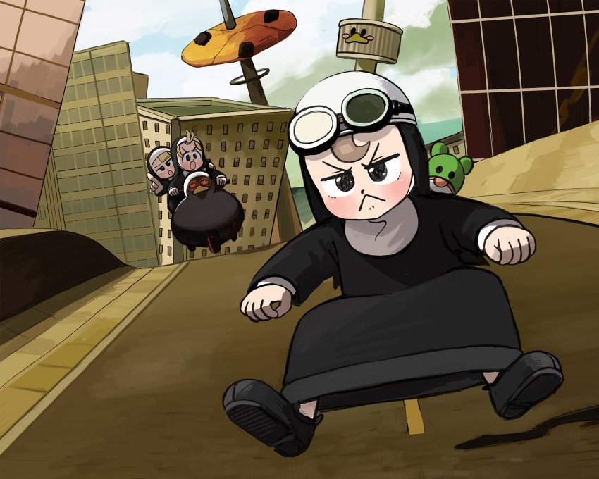 3girls, album_cover, bird, character_request, cityscape, cover, crazy_frog, diva_(hyxpk)