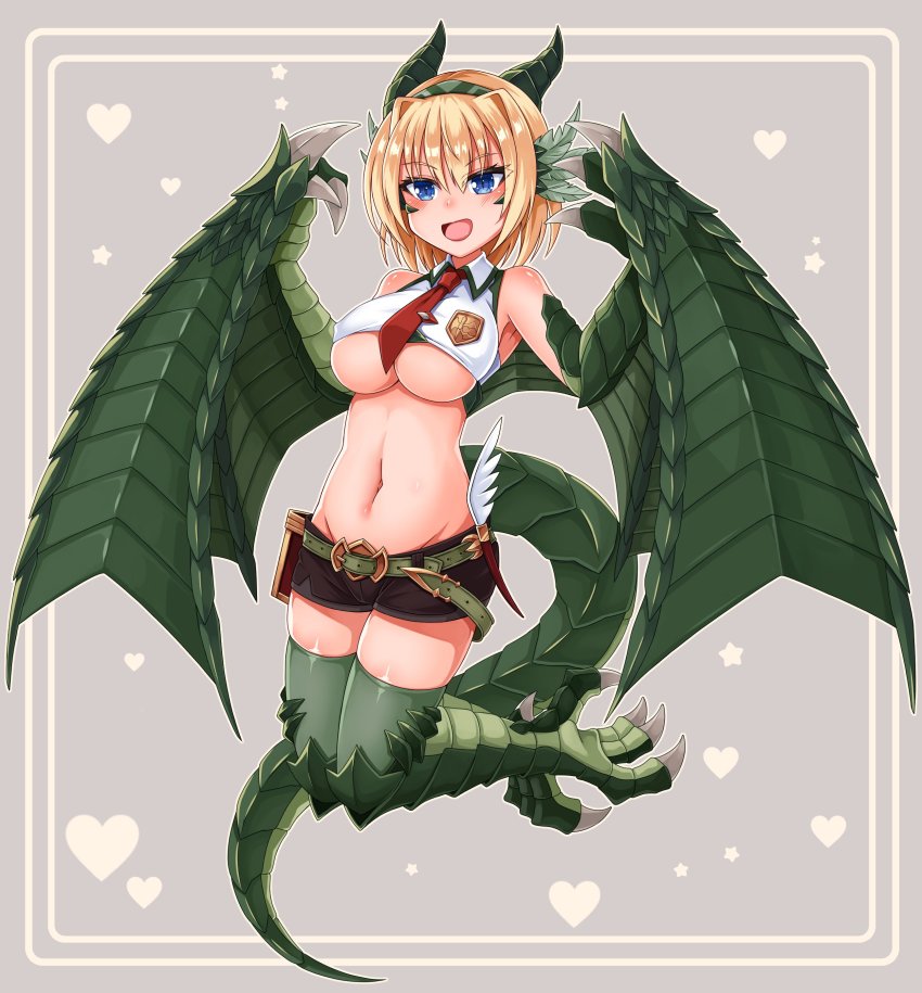 1girl, absurdres, bare_shoulders, belt, breasts, dragon_girl, dragon_wings, gift_art