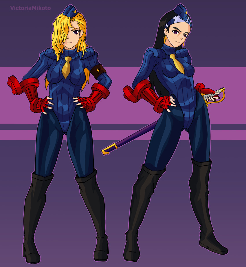 2girls, absurdres, atlus, beth_(megami_tensei), black_boots, black_hair, blonde_hair, blue_leotard