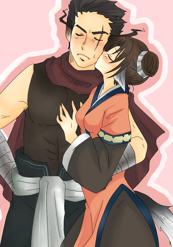 1boy, 1girl, animal_ears, bad_id, bad_pixiv_id, black_hair, blush, brown_hair, cape, couple, dog_ears, double_bun, closed_eyes, hetero, kamuchataal, kiss, kurou_(utawarerumono), r-ko_(rayla), scar, tail, utawarerumono