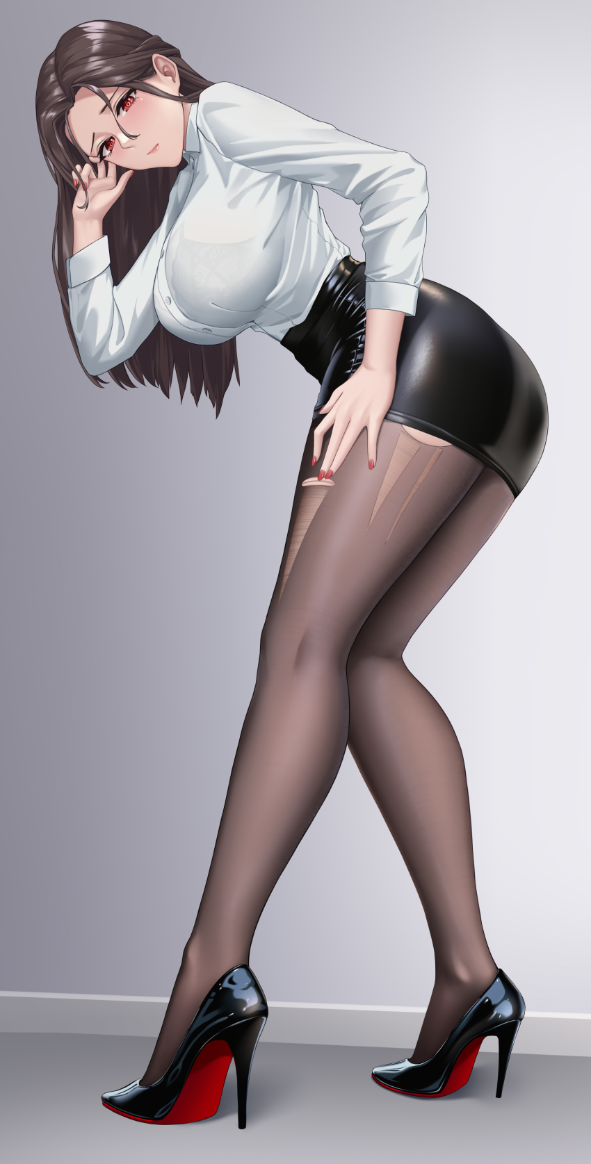 1girl, \||/, absurdres, bent_over, black_shoes, black_skirt, breasts, brown_pantyhose