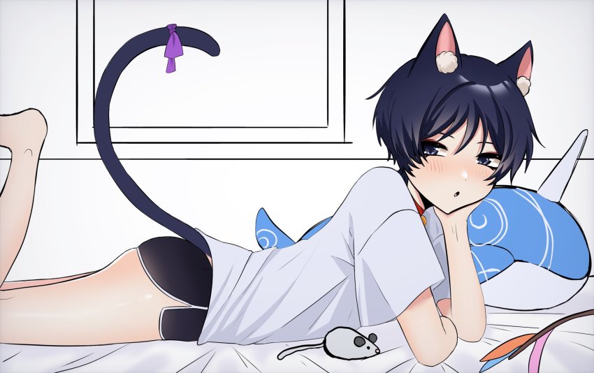 1boy, animal_ears, bare_legs, barefoot, black_shorts, blue_eyes, cat_boy, cat_ears, doll, genshin_impact, highres, jisoku39km, open_mouth, purple_hair, scaramouche_(genshin_impact), shirt, short_hair, shorts, solo, stuffed_toy, white_shirt
