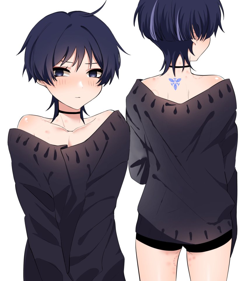 1boy, bare_shoulders, black_shorts, black_sweater, closed_mouth, collarbone, genshin_impact, highres, jisoku39km, long_sleeves, neck_tattoo, off_shoulder, purple_eyes, purple_hair, scar, scar_on_leg, scaramouche_(genshin_impact), short_hair, shorts, sweater, tattoo, trap