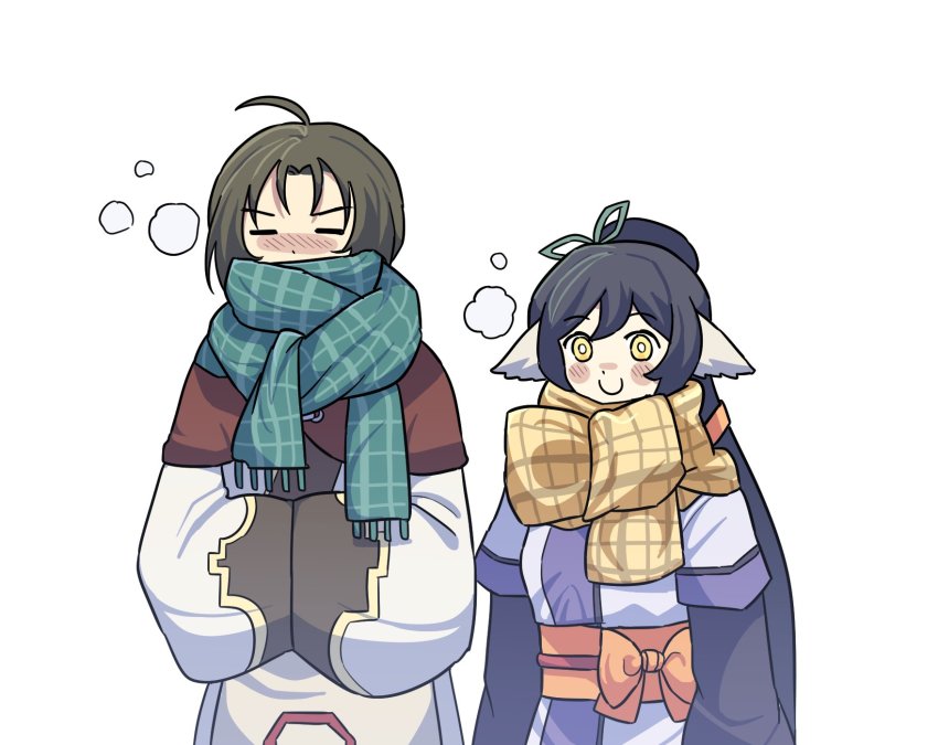 1boy, 1girl, 8t_if, absurdly_long_hair, ahoge, ainu_clothes, animal_ears, aqua_scarf