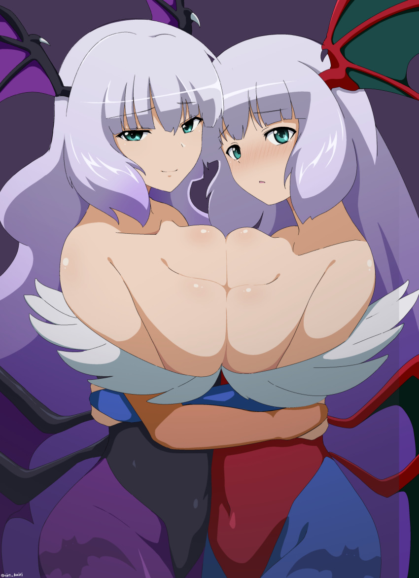 2girls, absurdres, animal_print, aqua_eyes, bare_shoulders, bat_print, black_leotard, black_wings, blue_pantyhose, blunt_bangs, blush, breast_press, breasts, cleavage, closed_mouth, commentary_request, cosplay, covered_navel, fur-trimmed_leotard, fur_trim, grey_hair, gundam, gundam_exa, halloween, halloween_costume, head_wings, highleg, highleg_leotard, highres, hug, kairi_(fotune), large_breasts, leotard, light_frown, lilith_(darkstalkers), lilith_(darkstalkers)_(cosplay), long_hair, looking_at_viewer, low_wings, morrigan_aensland, morrigan_aensland_(cosplay), multiple_girls, pantyhose, parted_lips, partial_commentary, print_legwear, print_pantyhose, purple_pantyhose, red_leotard, red_wings, smile, sthesia_awar, sthesia_awar_nono, symmetrical_docking, darkstalkers, wings