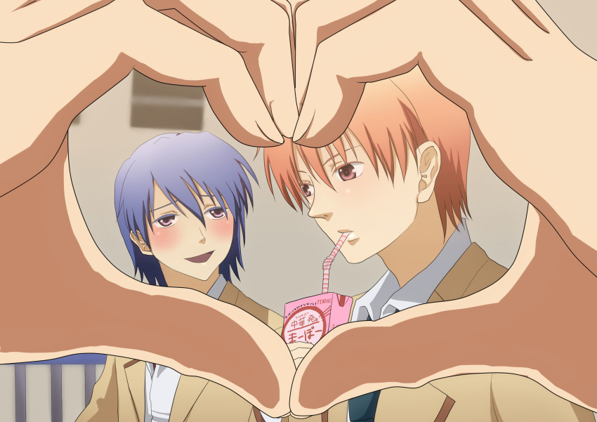10s, 2boys, angel_beats!, bad_id, bad_pixiv_id, blue_hair, drinking_straw, heart