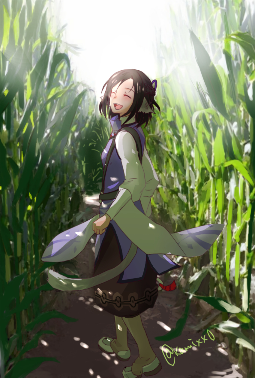1boy, aquaplus, black_hair, blush, braid, closed_eyes, corn, from_behind