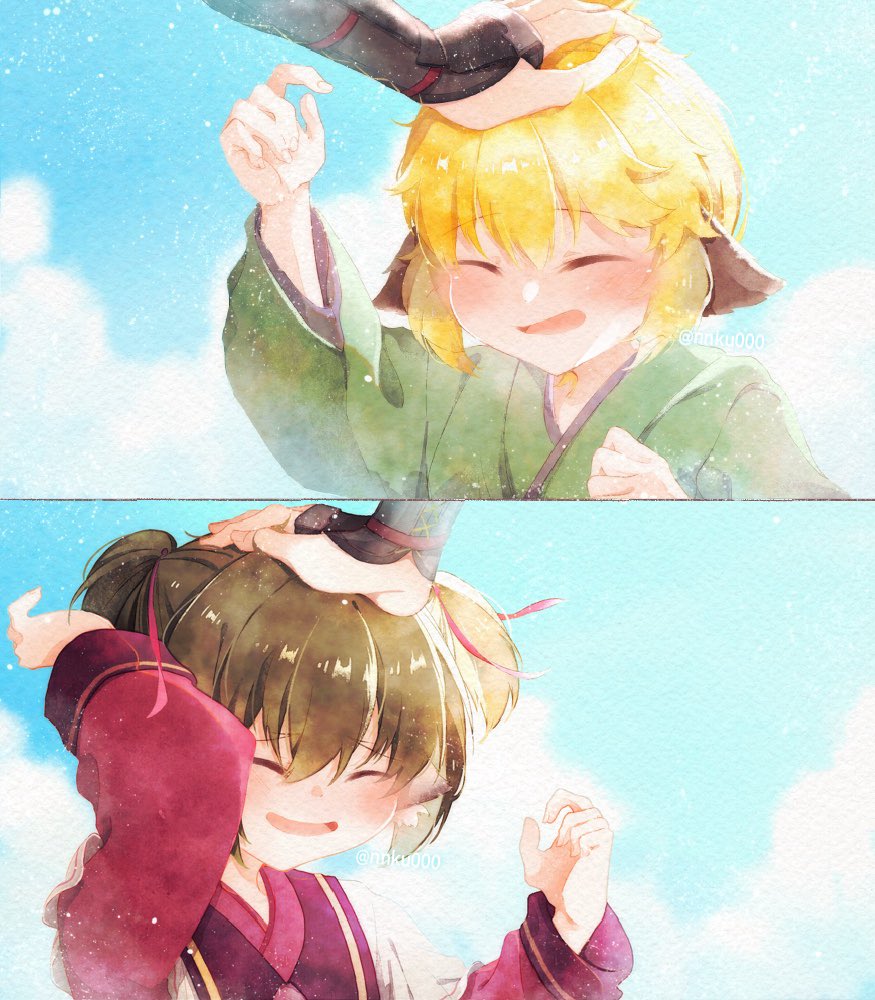 1girl, 2boys, age_difference, aged_down, animal_ears, aquaplus, arms_up, blonde_hair, blush, breasts, brown_hair, gauntlets, green_kimono, hair_between_eyes, hair_up, hand_on_another's_head, japanese_clothes, kimono, kiwru_(utawarerumono), long_sleeves, monochrome_mobius, multiple_boys, nekone_(utawarerumono), nnku000, open_mouth, short_hair, sidelocks, signature, small_breasts, twintails, ukon_(utawarerumono), utawarerumono, utawarerumono:_itsuwari_no_kamen, wide_sleeves