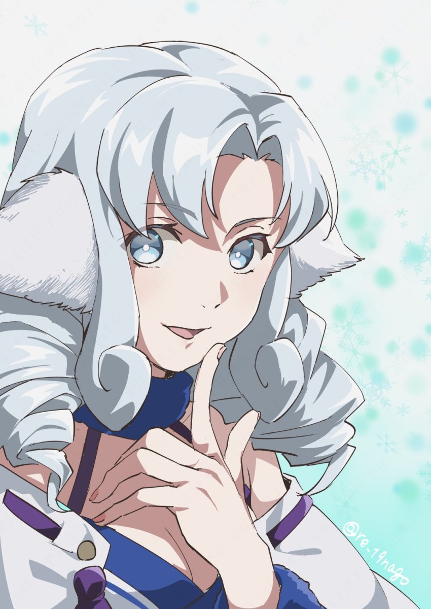 1girl, aged_down, ainu_clothes, animal_ears, aquaplus, arm_up, bare_shoulders, blue_eyes, blue_hair, breasts, bright_pupils, cleavage, collarbone, curly_hair, eyes_visible_through_hair, finger_to_mouth, fingernails, hair_over_one_eye, hair_over_shoulder, highres, large_breasts, long_sleeves, medium_hair, monochrome_mobius, munechika, nose, open_mouth, parted_bangs, re_19nago, sidelocks, sleeveless, solo, utawarerumono, utawarerumono:_itsuwari_no_kamen, white_pupils